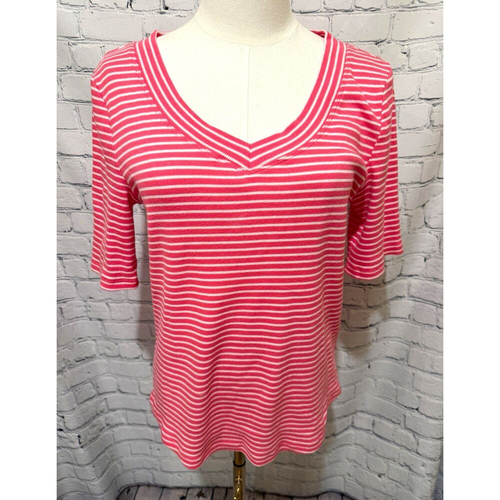 Talbots Women’s V-Neck Short Sleeve Knit T-Shirt Pink White Striped Size M